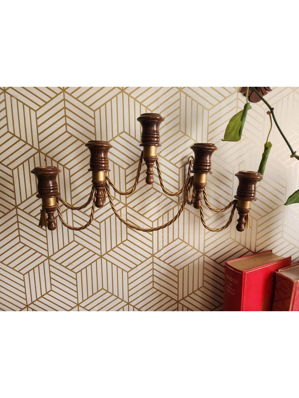 Vintage Midcentury Wall 5 Arm Candelabra Brass & Wood Sconce Hollywood Regency